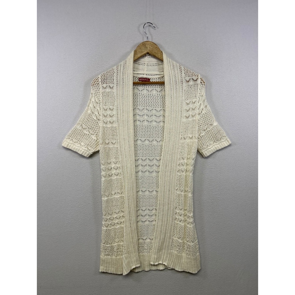 Merona Boho Coastal Grandma Women M Cream Short Slv Open Knit Cardigan Sweater
